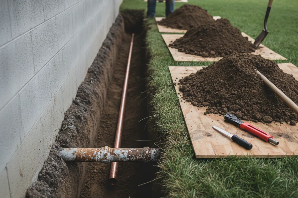 Excavated water line trench during Sewer Line Repair in Sierra Madre